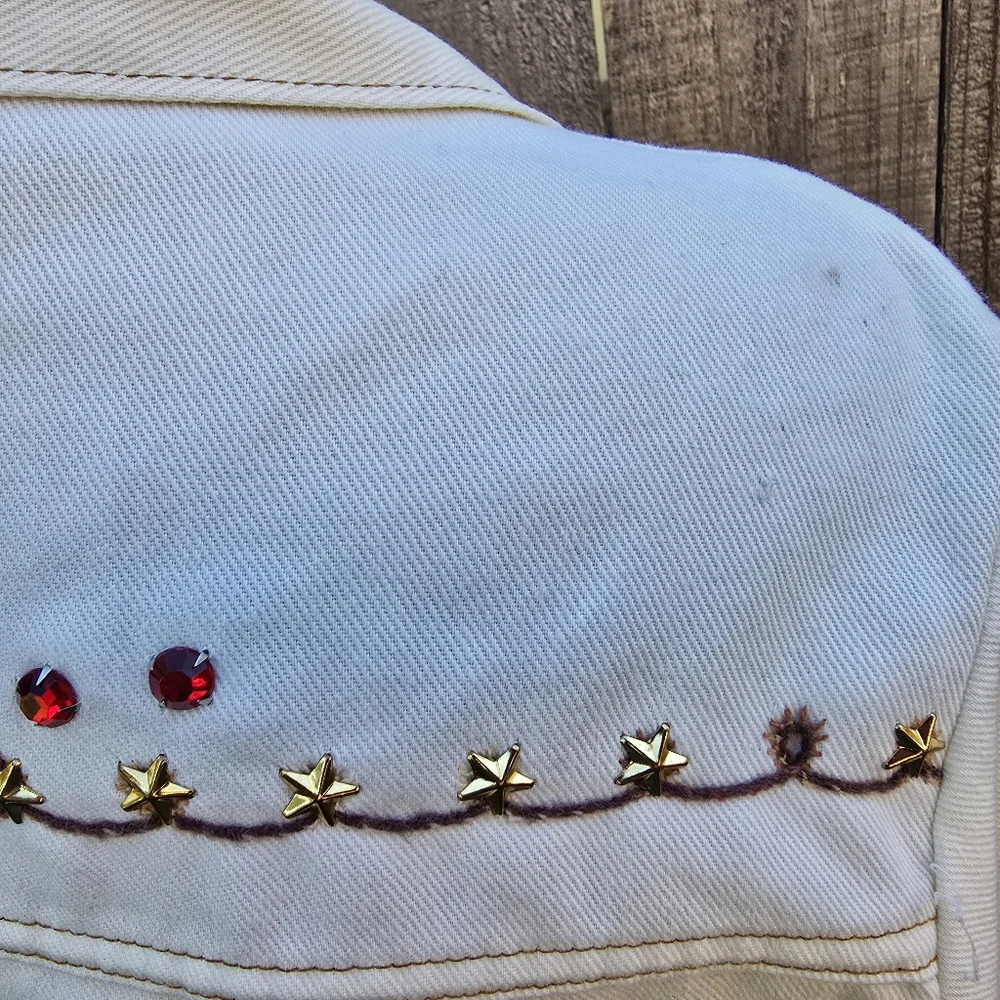 Western Jacket Womens Medium White Embroidered Floral Sequin Stud Button Up - Picture 12 of 16